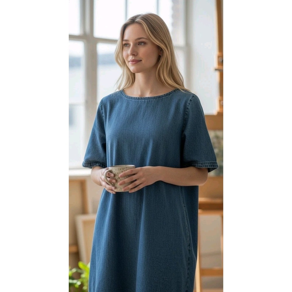 J.Crew Pacific Blue Short-Sleeve Denim Shift Dress Pockets  Women's SZ 12‎